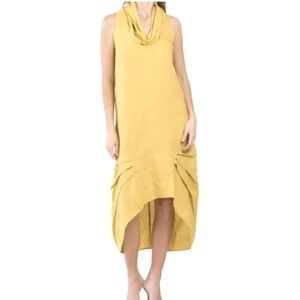 For Cynthia Linen Blend Cowl Neck Midi Dress Women's Medium Mustard Lagenlook